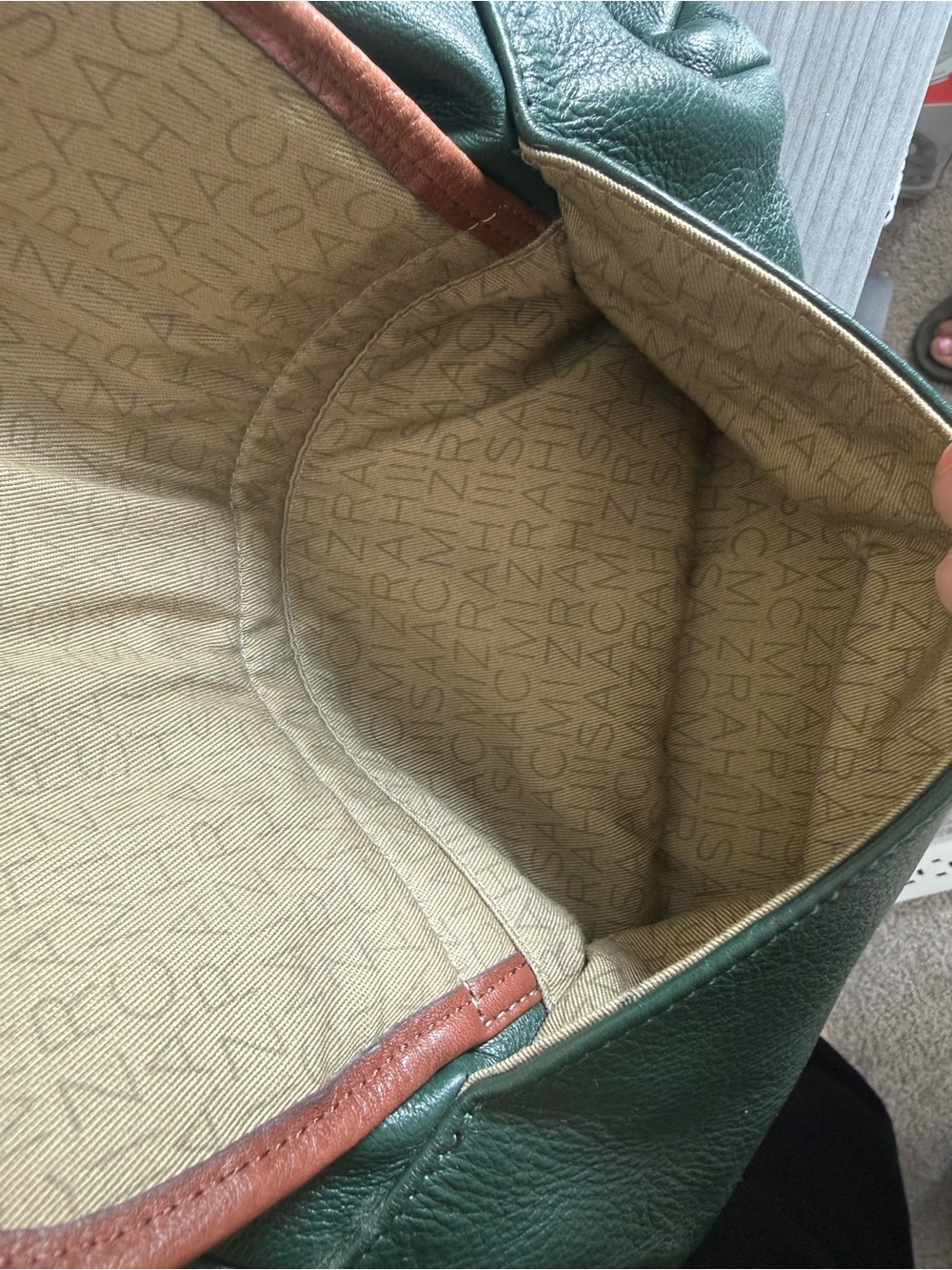 Isaac Mizrahi Dark Green Leather Messenger Bag with Brown Trim - Picture 6 of 9
